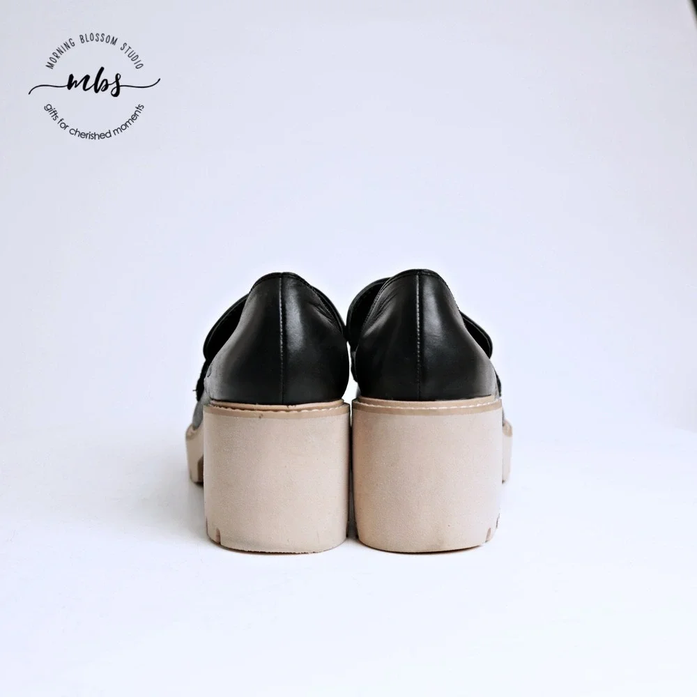 Dolce Vita Halona Leather Chunky Lug Sole Penny Platform Loafers Black Women 9.5